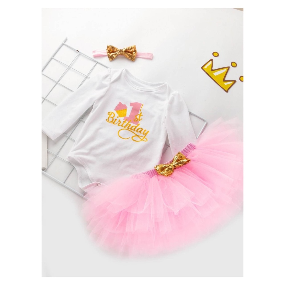 White Pink 3 Piece Onsie Tutu Skirt 1 Birthday Set - Picture 4 of 8
